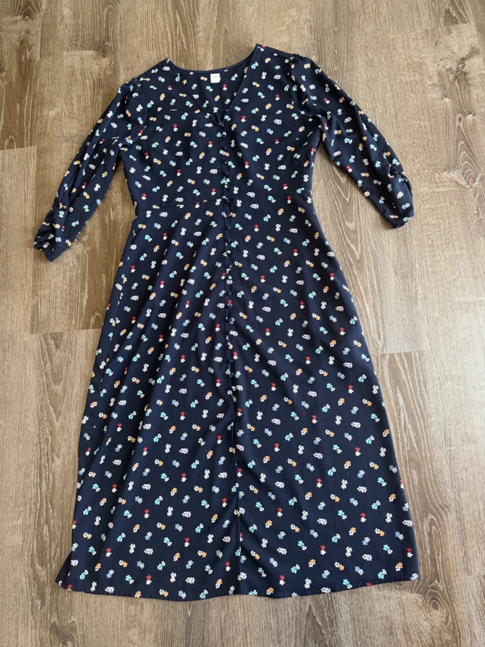 Navy Floral Midi Dress with Puff Sleeves